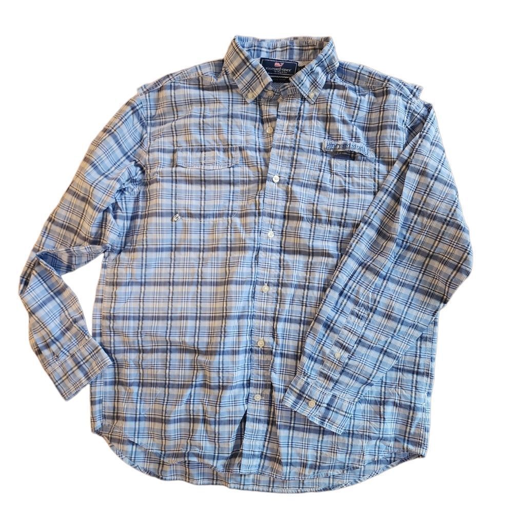 Men's VINEYARD VINES Harbor Shirt Fishing Blue Plaid Sz L Performance